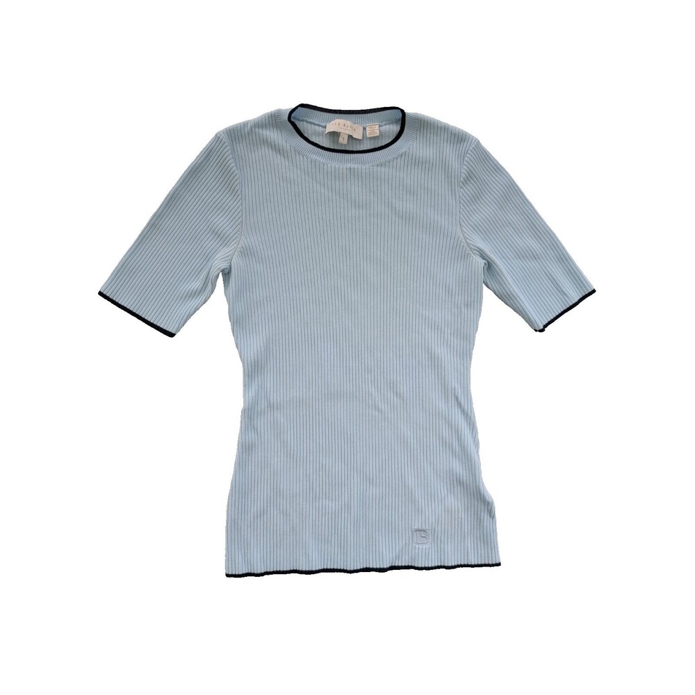 Ted Baker Ribbed Tipped Detail Short Sleeve Sweater Blue Black Trim Size 1
